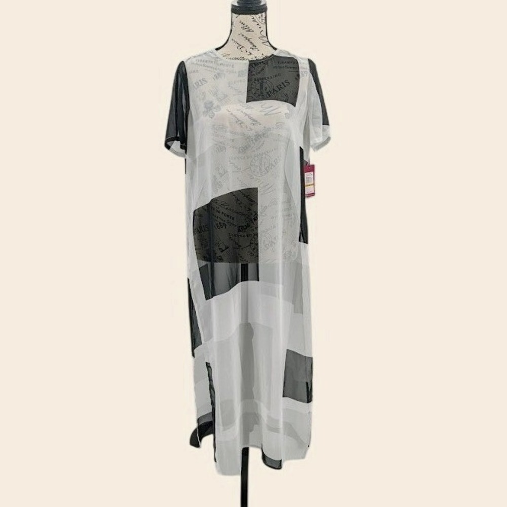Vince Camuto Colorblock Sheer Dress Small Glacier Grey Mod Statement